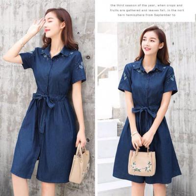 ĐẦM JEAN CỔ SƠ MI THẮT EO THÊU HOA - NJ020